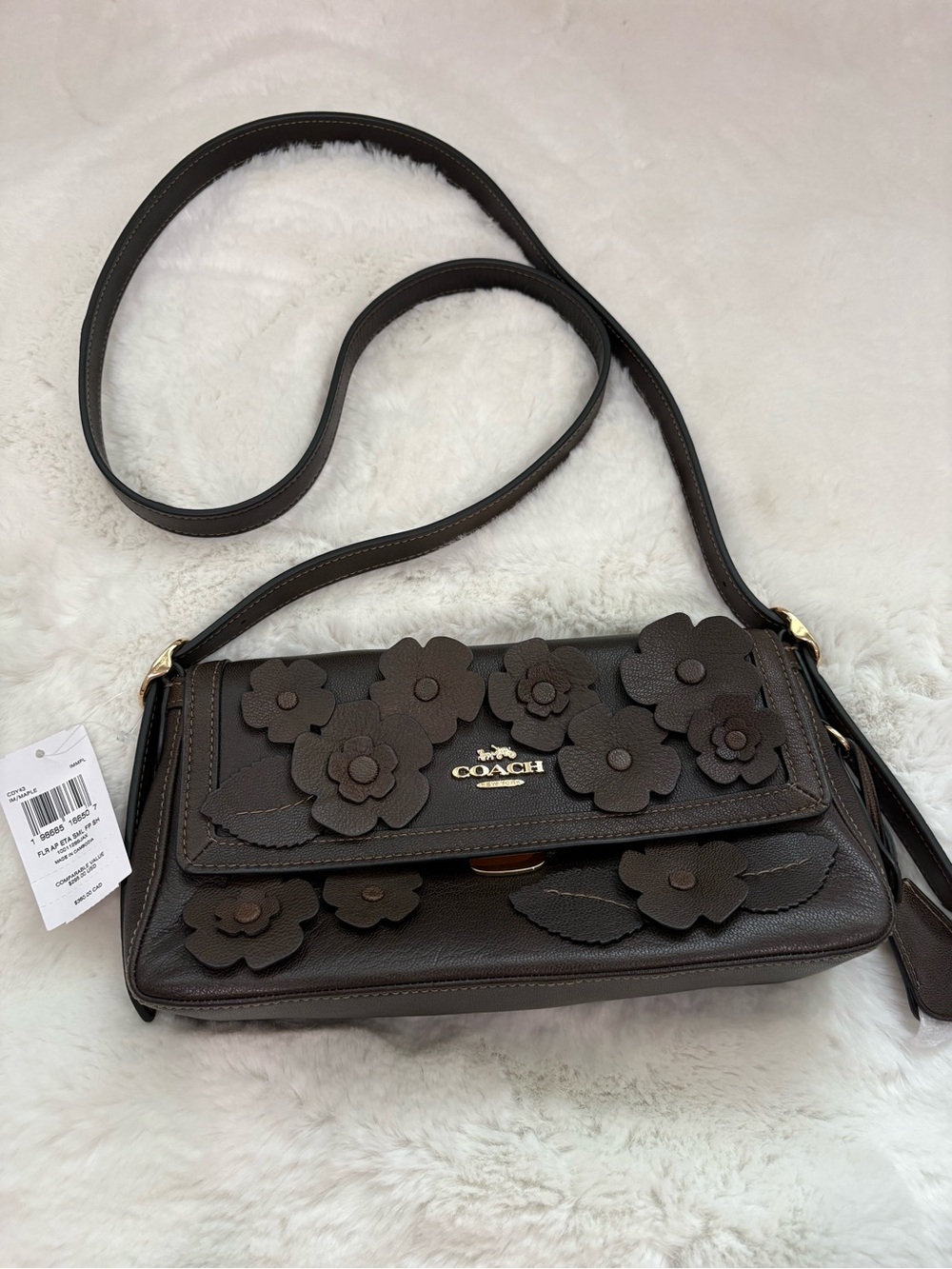Authentic NWT Coach Etta Sm Flap Crossbody Bag Floral Applique Maple Dark Brown